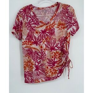 Casey Key Womens Pink Tropical‎ Palm Leaf V-Neck Side Cinch Rayon Top Sz PXL